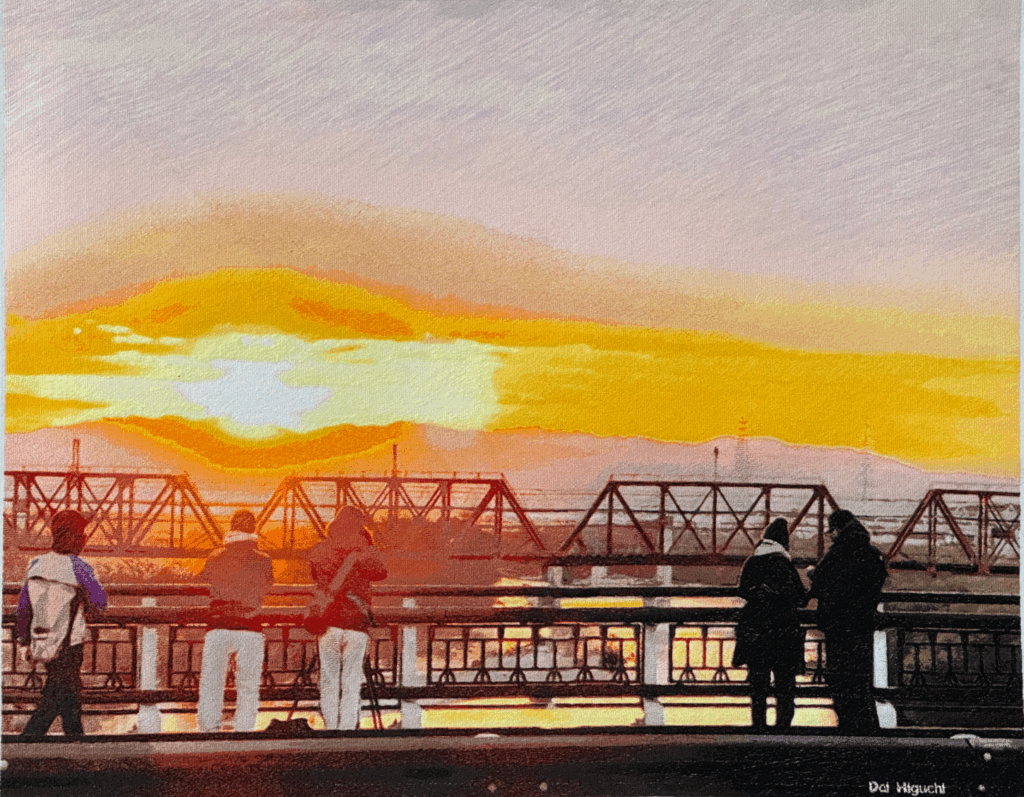 Photo embroidery of people watching the first sunrise on New Year's Day from Gokōbashi Bridge in Kyoto, with golden sky and silhouettes.