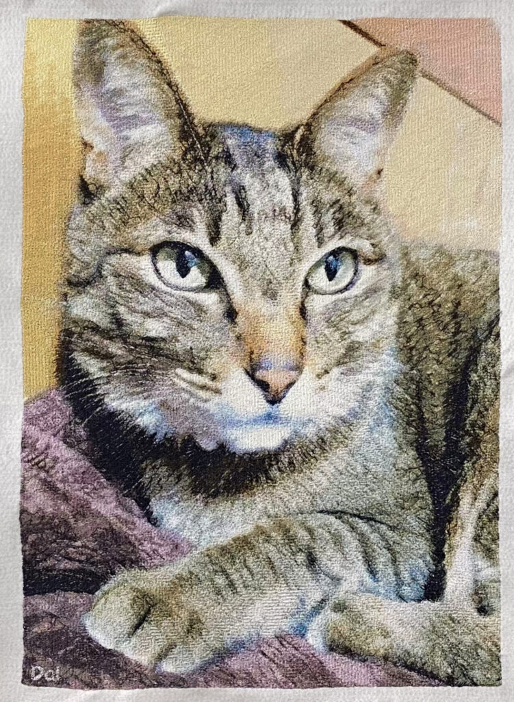 Photo embroidery artwork titled “Shima at 5.” A portrait of a calm tabby cat gazing softly, rendered in warm tones to capture its gentle charm.