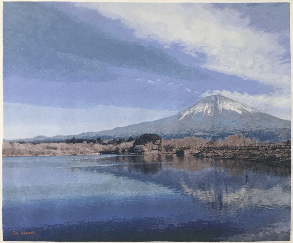 Photo embroidery artwork. A serene landscape of Mount Fuji reflected on the surface of Lake Tanuki, expressed in thread with delicate atmosphere.